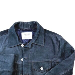EDIFICE Mens Dark Gray/Black Suede Trucker‎ Jacket Button Front Sz 48